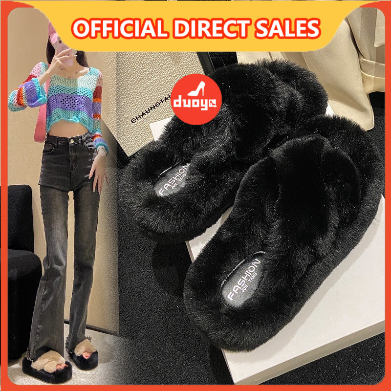  Dép Đi Trong Nhà Máy Duooya Thẳng ~  Hàng Có Sẵn  Dép Xỏ Ngón Lông Xù Dày Quai Chéo Màu Đen Mùa Thu Đông Cho Nữ 