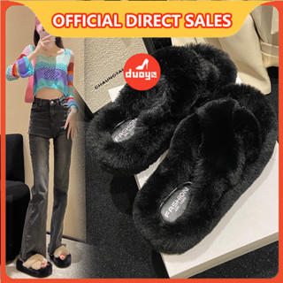  Dép Đi Trong Nhà Máy Duooya Thẳng ~  Hàng Có Sẵn  Dép Xỏ Ngón Lông Xù Dày Quai Chéo Màu Đen Mùa Thu Đông Cho Nữ 