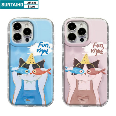 Suntaiho Phim hoạt hình dễ thương Họa tiết mèo và cá Vỏ điện thoại trong suốt TPU mềm chống sốc cho iPhone 11 12 13 14 15 16 Pro max IP 7 8 Plus Iphon X Xs XR Xs max