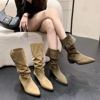 Daxingzhe Giày Nữ Giữa Ống Giày Bốt Chelsea Giày Bốt Mỏng Mũi Nhọn Giữa Gót Cọc Boot