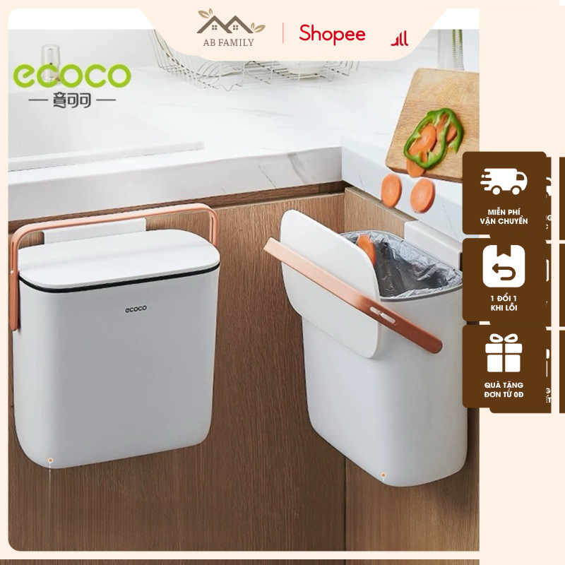 Thùng Rác Nhà Bếp ECOCO 10L Treo Tường Có Nắp, Tay Xách| Thùng Đựng Rác Nhà Vệ Sinh Nắp Kín Chống Mù