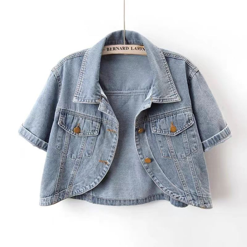 [XIAO] Áo khoác denim ngắn tay mỏng mùa hè cho phụ nữ, kiểu dáng ngắn cho dáng người nhỏ nhắn, áo kh