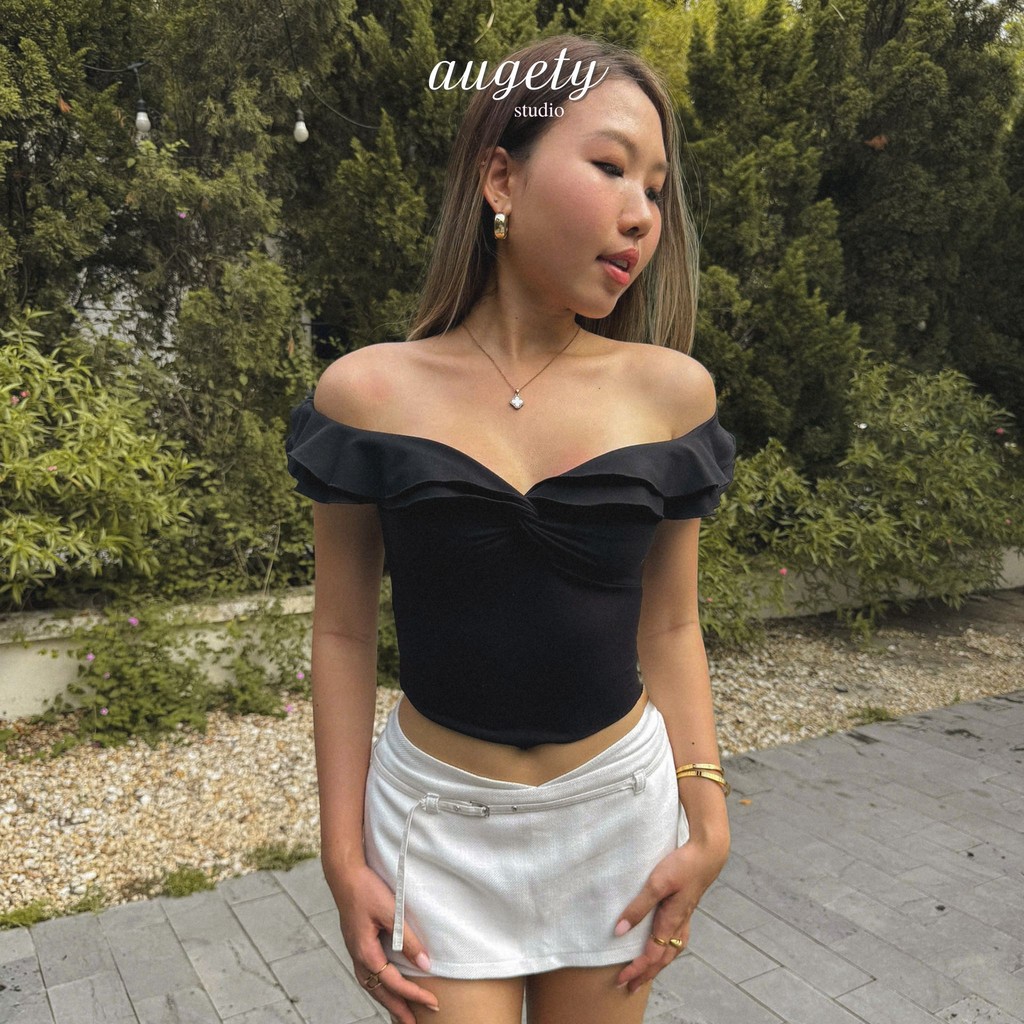 Áo Thun Croptop Trễ Vai Xoắn Bèo Tầng Augety Studio AINE TOP | BigBuy360 - bigbuy360.vn