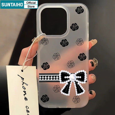 Suntaiho Thanh Lịch Và Sang Trọng Hoa Hồng Và Nơ Họa Tiết Ốp Lưng Điện Thoại TPU Trong Suốt Matte Mềm Cao Cấp Chống Sốc Cho iPhone 11 12 13 14 15 16 Pro max IP 7 8 Plus Iphon X Xs XR Xs max