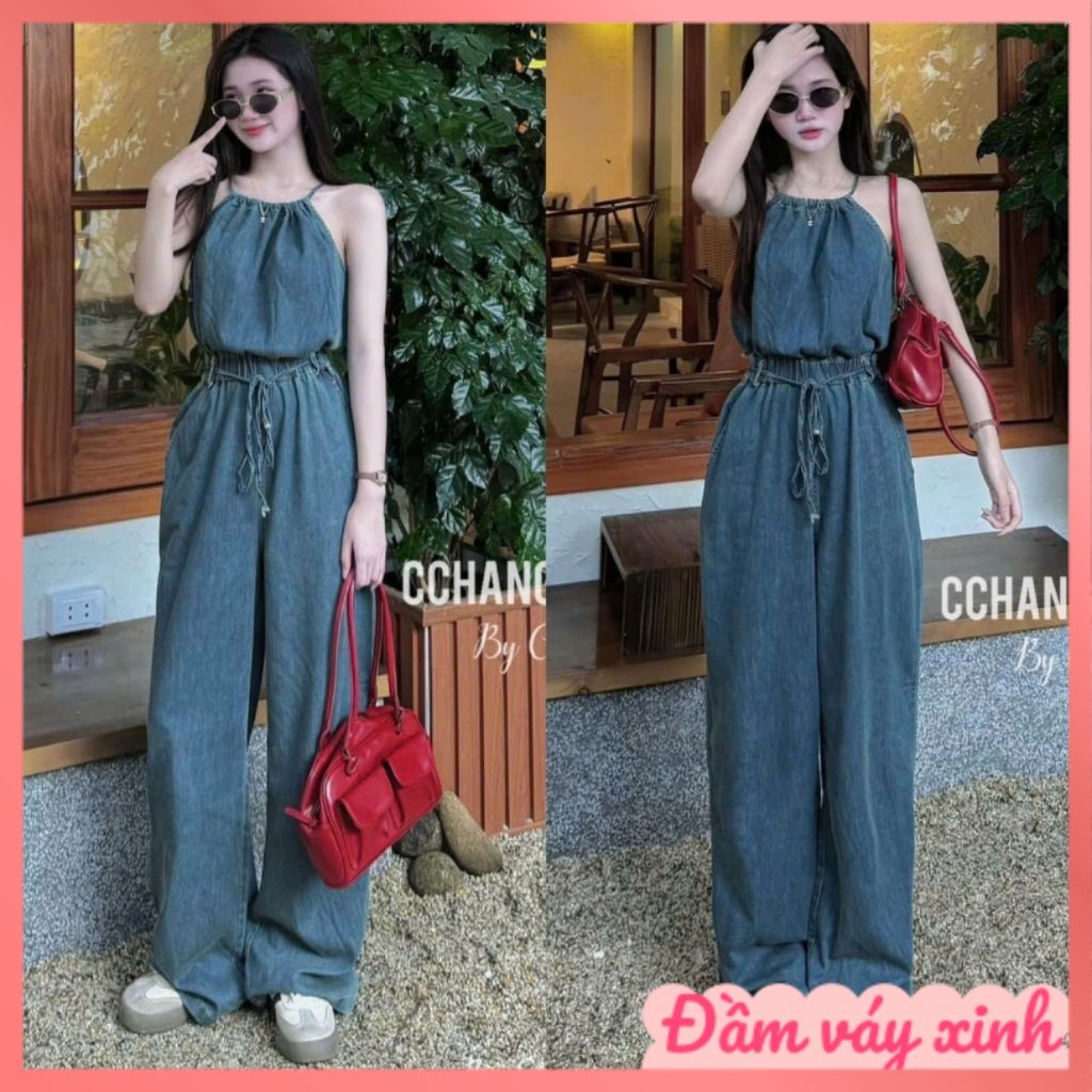 Jumpsuit nữ cổ yếm tay sát nách eo bo chun cột nơ với tone màu xanh nhẹ nhàng cho nàng đi chơi, hẹn hò siêu xinh K35