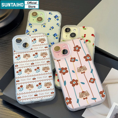 Suntaiho Flower Cat Blueberry Cherry Pattern Clear Frosted Case cho Iphone 16 15 14 12 13 11 Pro Max IP 7 8 Plus Iphon X Xs XR Xs Max TPU Silicon Mềm Cao Cấp Chống Sốc