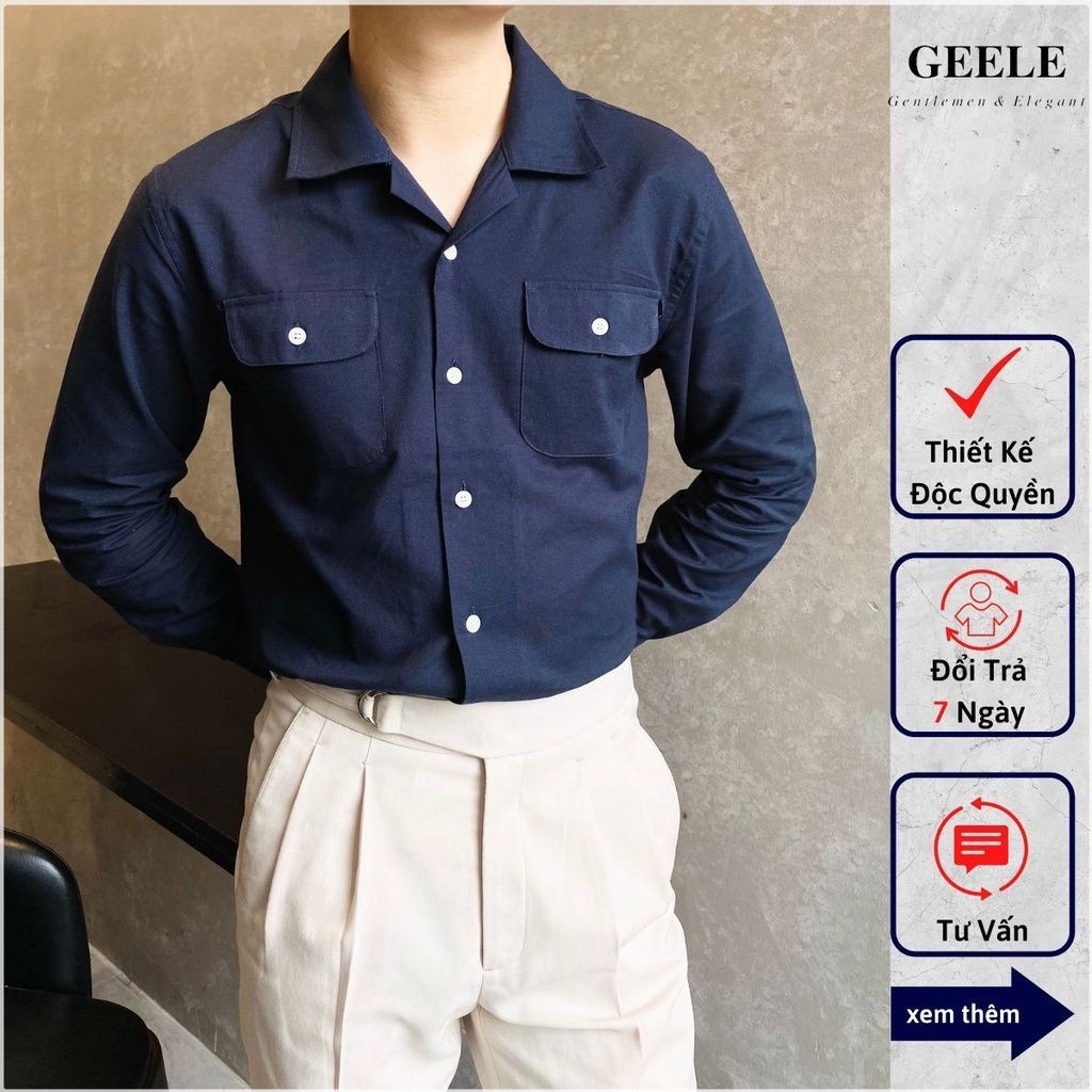 Áo sơ mi nam dài tay túi ngực màu trắng, xanh xám Cổ Cuba vải cotton cao cấp không nhăn xù - Geele