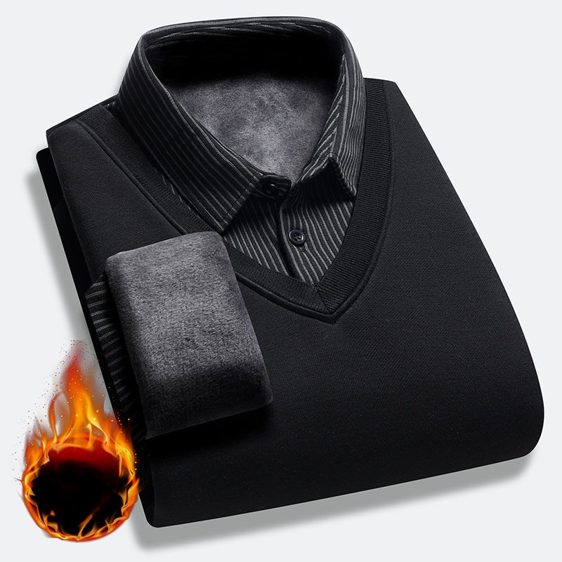 Nam Thu Đông Lót Lông Cừu Dày Giả Hai Mảnh Cổ Áo Len Ấm Trung Niên Nhiệt Đơn Giản Thường Ngày Công Sở Áo Sơ Mi Chui Đầu