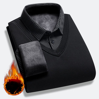 Nam Thu Đông Lót Lông Cừu Dày Giả Hai Mảnh Cổ Áo Len Ấm Trung Niên Nhiệt Đơn Giản Thường Ngày Công Sở Áo Sơ Mi Chui Đầu