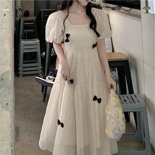  Váy đầm nữ Bigsize Đầm babydoll dáng suông tay ngắn cổ vuông Phối Nơ mùa hè Phong cách Hàn Quốc Thời Trang đẹp 