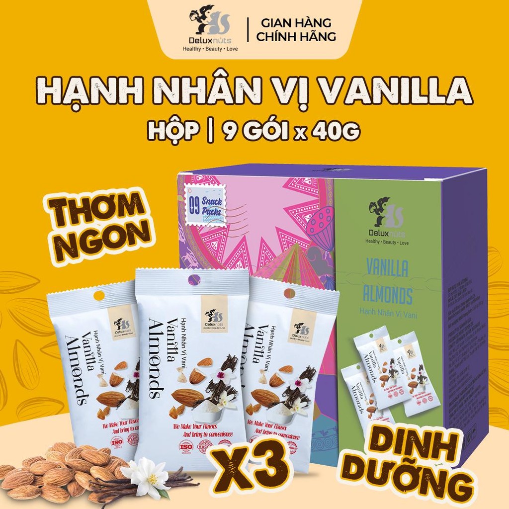 [Hỏa tốc] Hộp 9 Gói Hạnh Nhân Vị Vanilla 360g Deluxnuts | Hạt Dinh Dưỡng Snack Ăn Vặt (Tổng Trọng Lượng 360g)