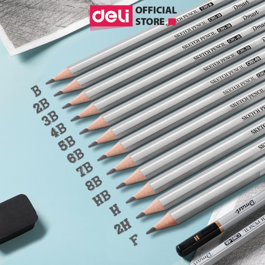 Bút Chì Phác Thảo Dmast Cao Cấp Chuyên Nghiệp Deli - Độ Cứng Từ 2H - 8B - Vẽ Tranh Mỹ Thuật Họa Chân