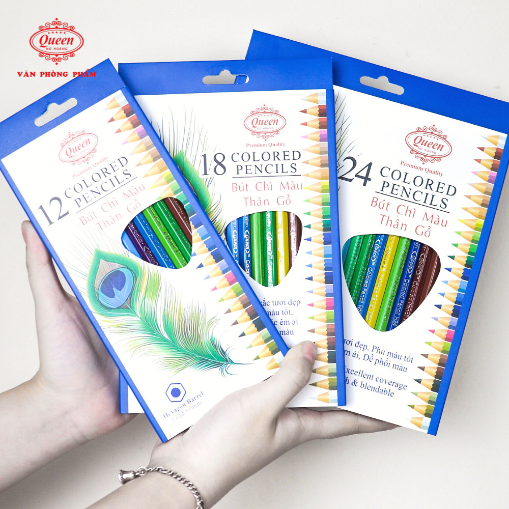 Hộp 24 Màu Bút Chì Màu Thân Gỗ Queen CPH24 Chất Lượng Tốt, Bút Chì Màu Queen Thân Luc Giác - VPP Học