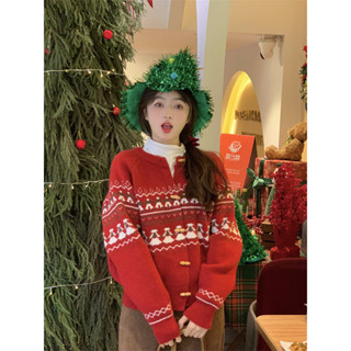 Năm Mới Đỏ Giáng Sinh Jacquard Màu Sắc Tương Phản Cổ Tròn Slanting Vai Dệt Kim Cardigan Nữ Ngọt Ngào Mềm Mại Waxy Áo Len Cardigan Khăn Choàng V250220191