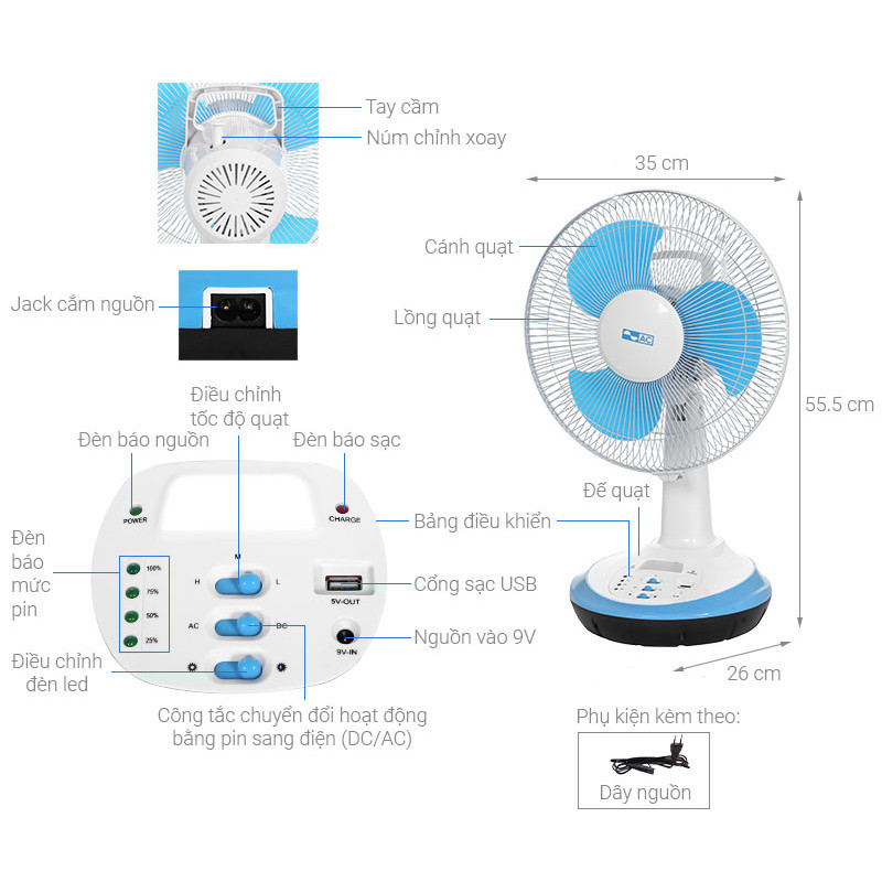 Quạt Sạc Điện 30W AC ARF03D123 30W, Có Cổng USB, 2 bình x 4500mAh Sử Dụng 12h, Nhỏ Gọn, BH 24 Tháng