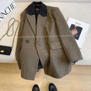 Áo khoác dạ Houndstooth Áo khoác dạ dạ rộng rãi cổ điển dày dặn phong cách Hàn Quốc mẫu mới mùa xuân thu cho nữ