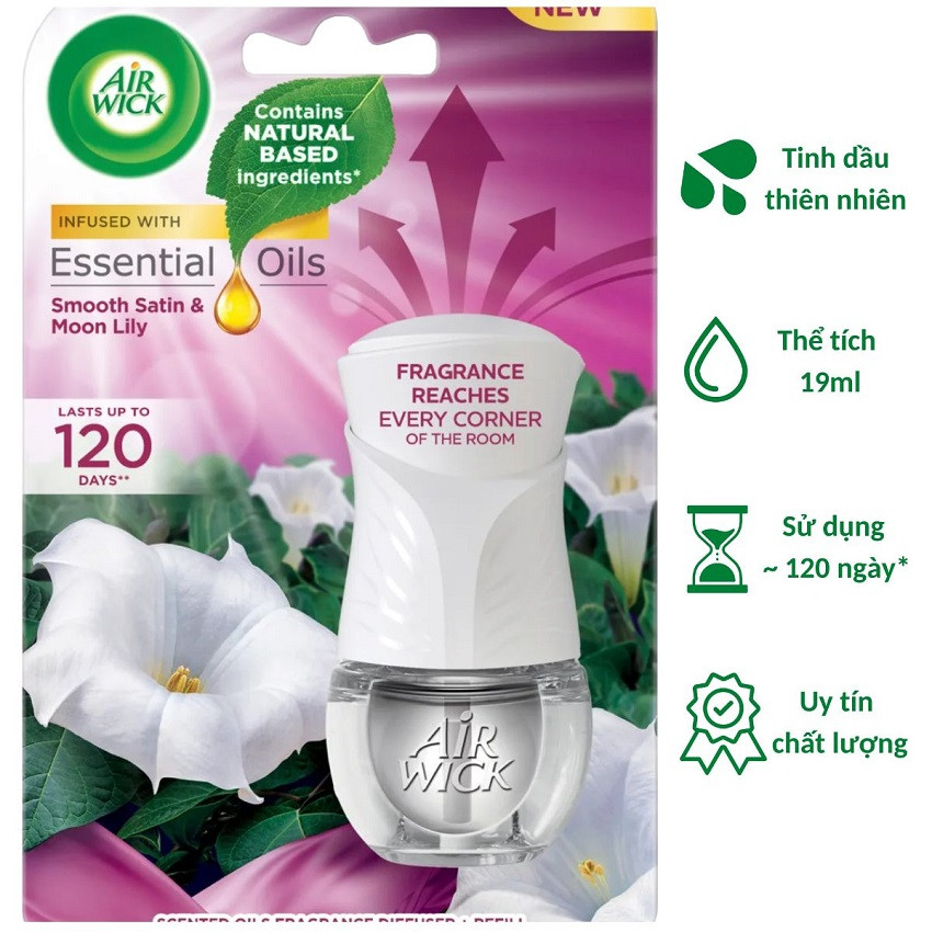 Bộ Tinh Dầu Cắm Điện Air Wick AWI2472 Smooth Satin & Moon Lily 19ml (Hương hoa ly) - Dùng Điện 220V
