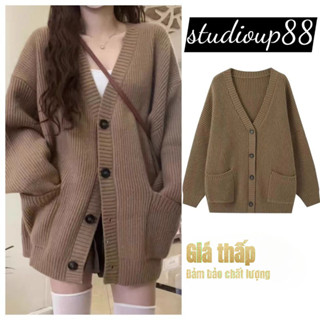 Áo Khoác Len Dệt Kim Dáng dài From Rộng, Áo Cadigan Họa Len Dark(Xám trắng nâu tùy chọn)