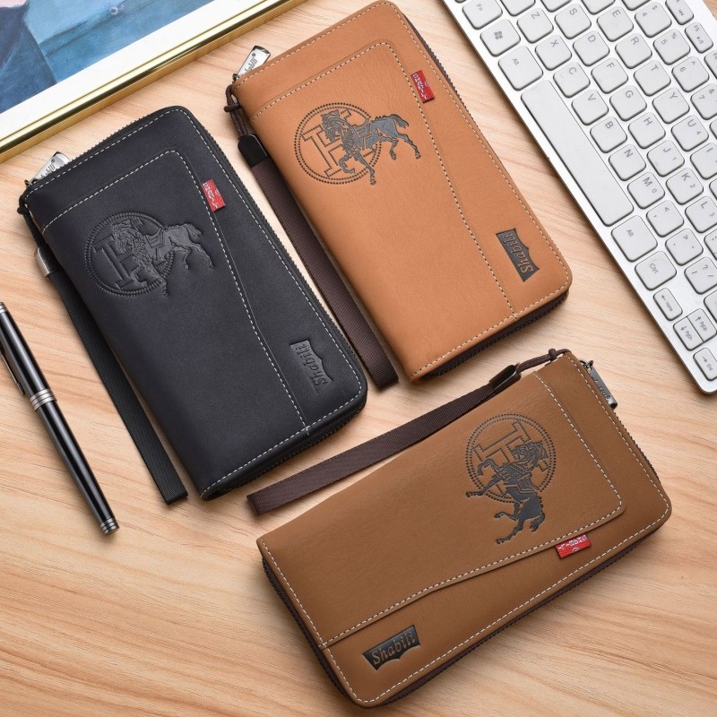 Ví Nam Cao Cấp Cầm Tay Di Động Dây Kéo Cổ Tay Da PU Dung Tích Lớn Đa Thẻ Ví