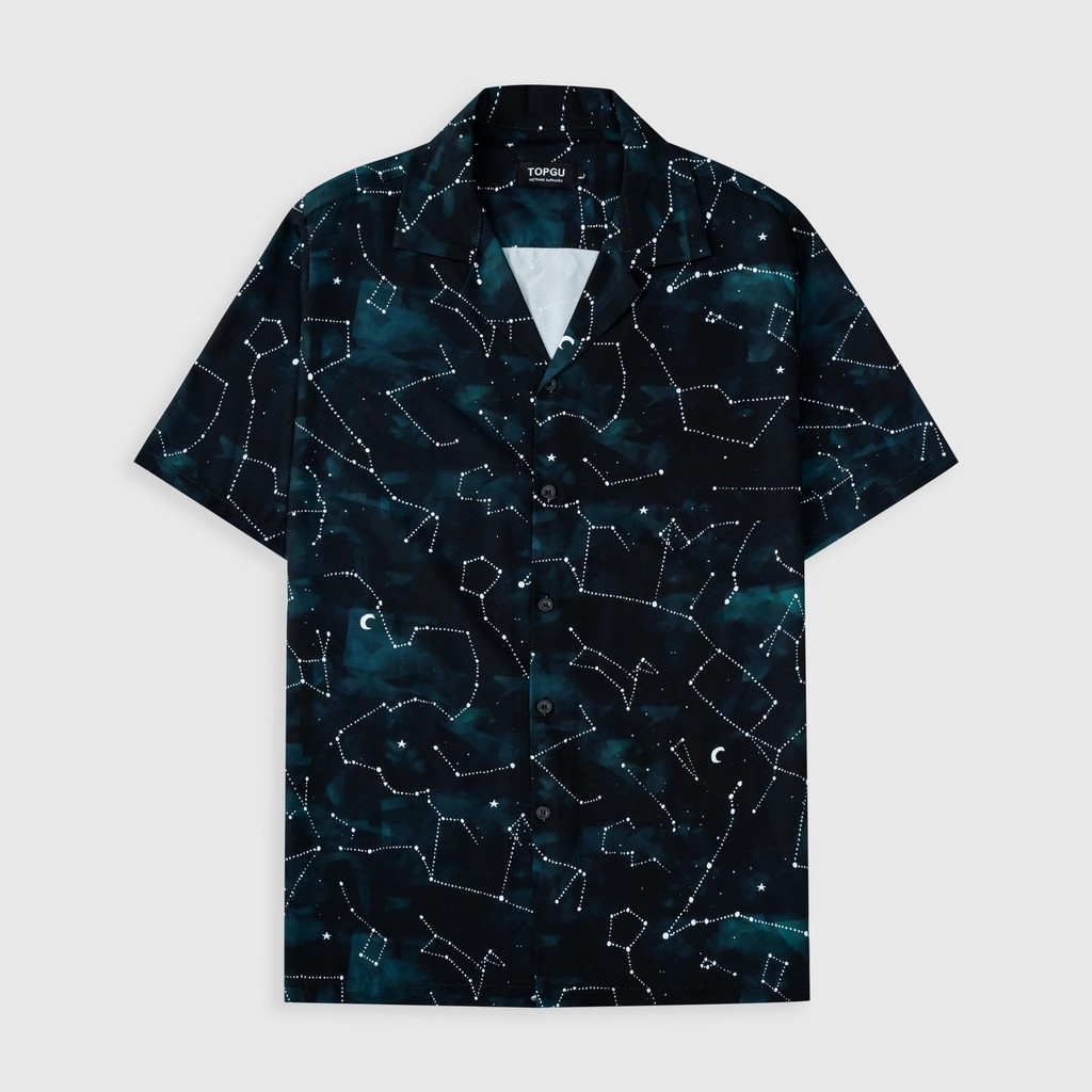Áo sơ mi TOPGU họa tiết Chòm Sao, Cuban shirt vải lụa thoáng mát Menswear Nam Cổ Tròn