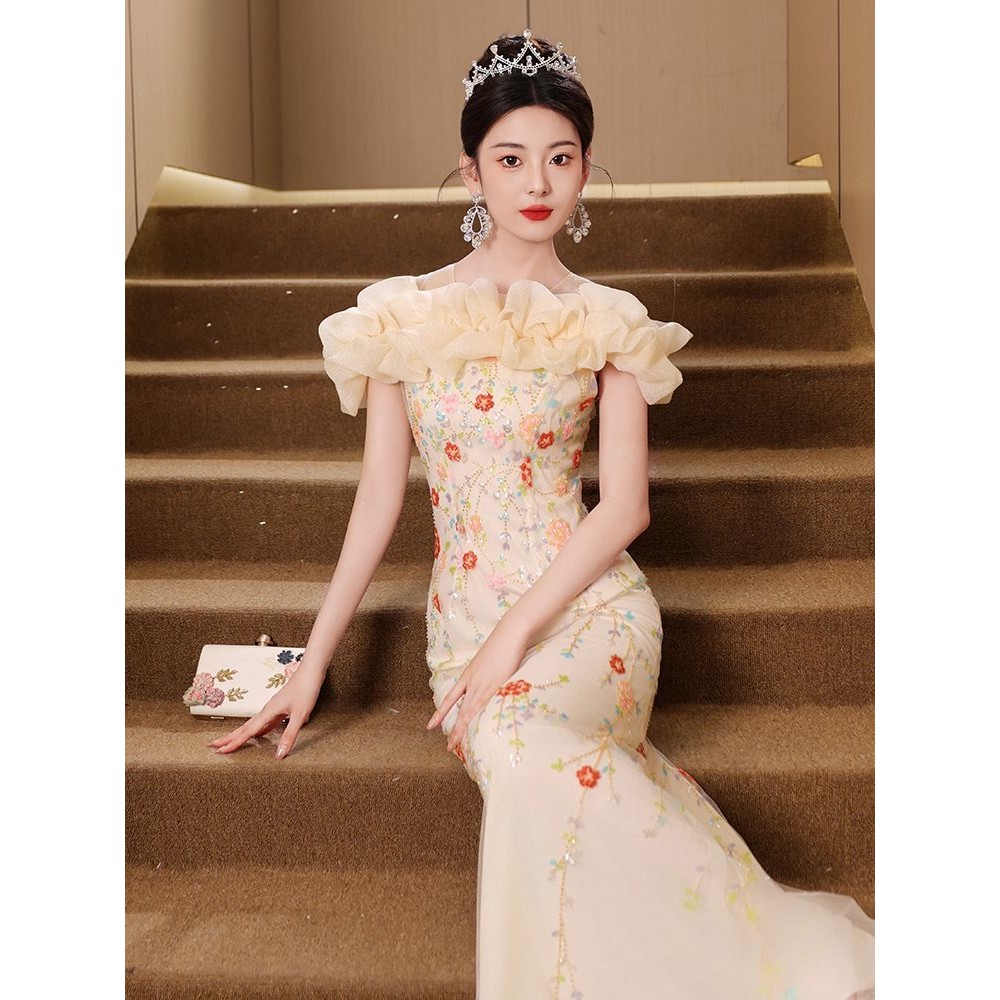 Một Vai Váy Dạ Hội Váy Nữ Tiệc Cao Cấp Pháp Đuôi Cá Váy Hoa Cao Cấp Chủ Nhà Cao Cấp Ánh Sáng Cao Cấp