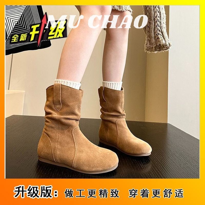 Muchao Slim đế phẳng xếp ly giày bốt ngắn tây cao bồi mùa thu cọc bốt nữ mũi tròn đế phẳng giày bốt đơn