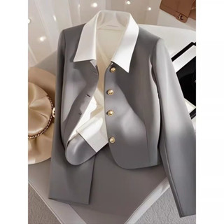 Áo khoác âu phục dáng ngắn màu xám Áo vest dáng người nhỏ khí chất cao cấp cho nữ áo sơ mi thiết kế màu tương phản