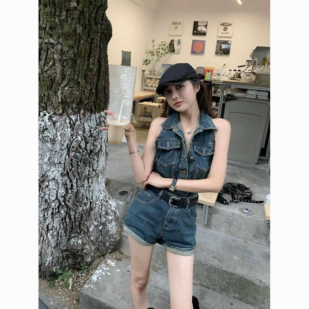 Jump suit denim retro ngọt ngào cho phụ nữ, áo polo không tay, quần short jump suit cao cấp mùa hè