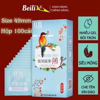  Bao cao su size nhỏ 49mm SLM con chim,siêu mỏng nhiều gel gốc nước nội địa trung quốc hộp 100 cái 