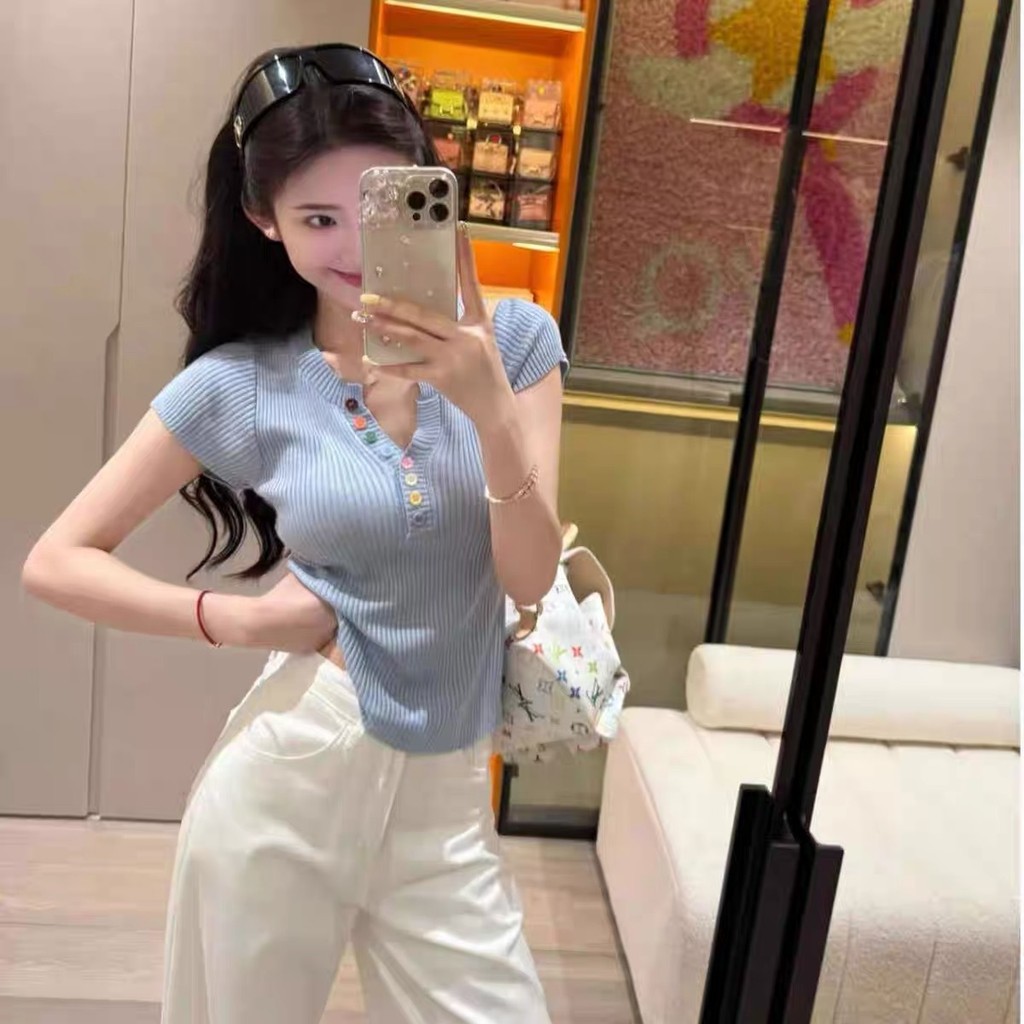 YAYUAN Áo Len Cổ Chữ V Nút Nhiều Màu Sắc Nữ Mùa Hè Giảm Tuổi Thời Trang Sang Trọng Ôm Hơn Nhìn Ngắn- | BigBuy360 - bigbuy360.vn