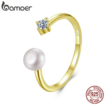 Bamoer 925 Sterling Sliver Mở Nhẫn Ngọc Trai Moissanite Màu Vàng Trang Sức Thời Trang Quà Tặng Cho Nữ
