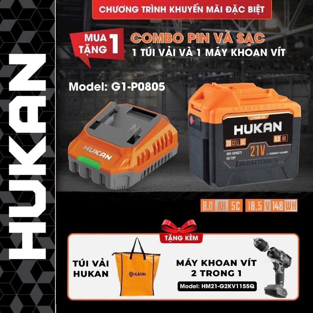 Combo Máy Khoan Vít 2in1 HUKAN HM21-G2KV1155Q + Combo G1-P0805 + Túi Vải Chính Hãng