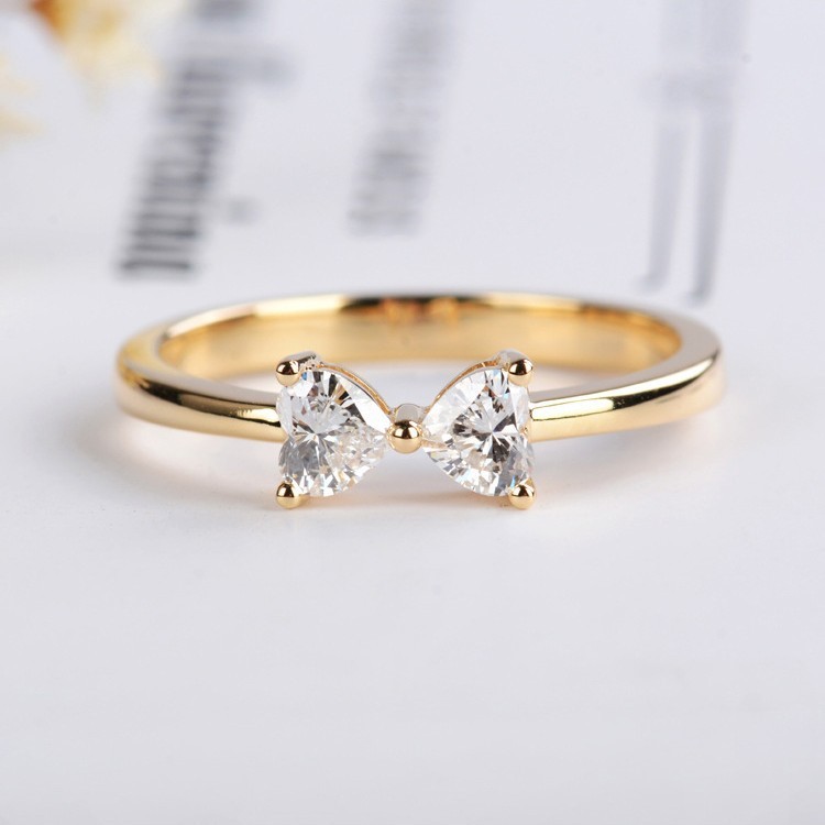 Nhẫn Nơ Bạc S925, Mạ Vàng 18k Màu Vàng Hình Trái Tim Zircon Nhẫn Nhỏ Tươi Đính Hôn Nữ Cao Cấp Cảm Gi
