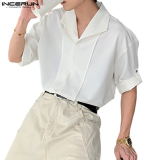 INCERUN Nam Hàn Quốc Đẹp Trai Cao Cấp Ve Áo Cuộn Tay Nút Lên Áo Sơ Mi Chắc Chắn