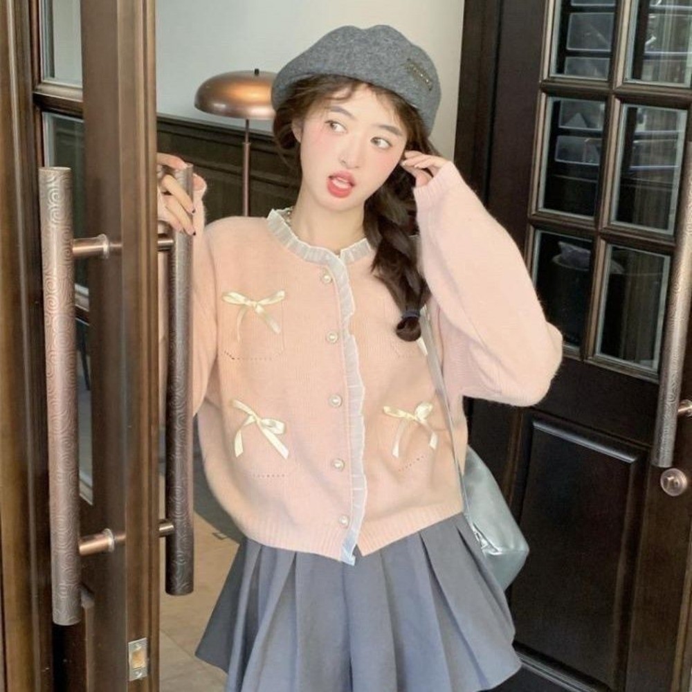 TURETREE  Áo Len Cardigan  Ren Nữ Áo Khoác Dệt Kim Ngắn Nơ Dáng Rộng Thời Trang Mới Fashion | BigBuy360 - bigbuy360.vn