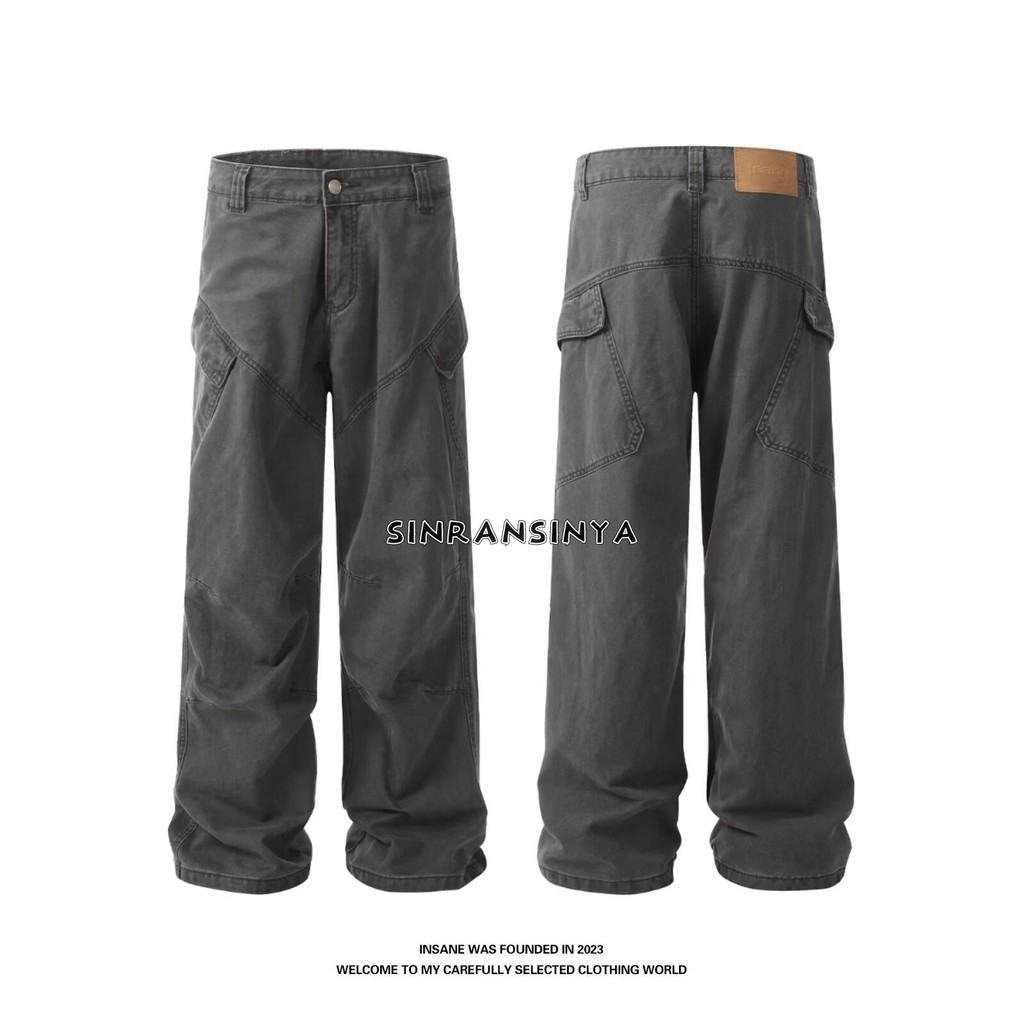 Sinransinya Quần Jean Nam Mỹ retro Rời Thường Ngày Giặt Đau Khổ Chất Lượng Cao Phong Cách Trung Lập Quần Hàng Hóa Nhiều Túi