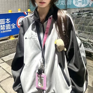 Nhật Bản Mèo Ngọt Ngào In Màu Xám Đen Đứng Lên Áo Khoác Nữ Rời Dây Kéo cardigan Hợp Thời Trang Tiểu Văn hóa y2k