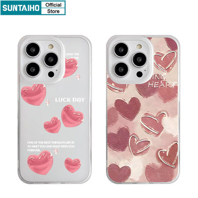 Suntaiho Thẩm Mỹ Hồng Họa Tiết Tình Yêu Trong Suốt Mờ Dành Cho Iphone 16 15 14 12 13 11 Pro Max IP 7 8 Plus Iphon X Xs XR Xs Max TPU Silicon Mềm Cao Cấp Chống Sốc Ốp điện thoại