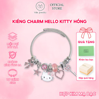 Vòng tay charm Hello Kitty, ngôi sao mix nơ đính đá hồng, lắc tay nữ chất liệu hợp kim tự chỉnh size