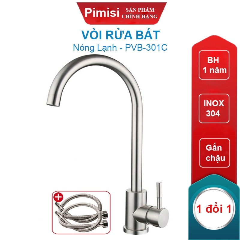 Vòi Rửa Bát Nóng Lạnh Inox 304 Pimisi PVB-301C Cho Chậu Rửa Chén Bát 2-3 Ngăn Trong Nhà Bếp, 2 Dây N
