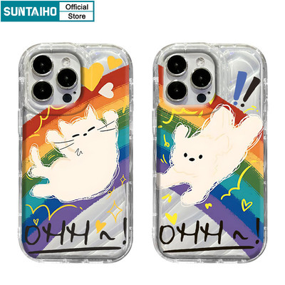 Ốp điện thoại hình mèo hoạt hình dễ thương Suntaiho có nền cầu vồng TPU mềm trong suốt Vỏ chống sốc cho IPhone 11 12 13 14 15 16 Pro Max IP 7 8 Plus Iphon X Xs XR Xs Max