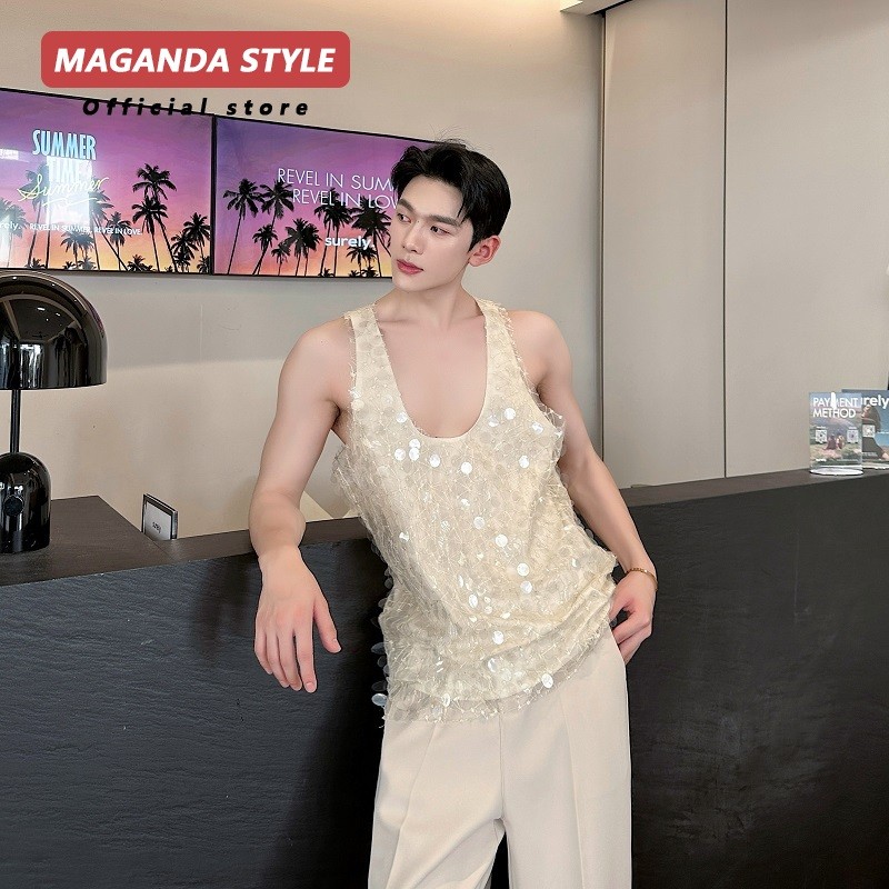 Mùa Hè Khỏa Thân Thêu Kim Sa Lấp Lánh Thiết Kế Hai Lớp Áo Vest Nam Gạc Lớp Top Không Tay Áo Khoác Đê