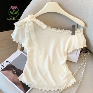   SayMakerLace  Áo thun ngắn tay ren lệch vai thời trang giản dị dành cho nữ Mùa hè mới 