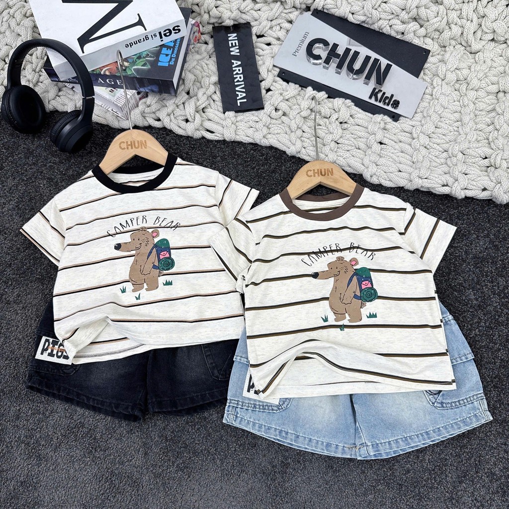 ATS710 - ÁO pull Nhí CHO BÉ kẻ gấu con đeo balo tung tăng đi chơi CAMPER BEAR - 25070 GGBD KIDS