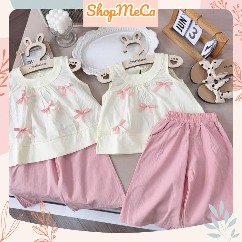 SN17, Bộ quần aod bé gái, Set áo sát nách nơ hồng quần ống rộng cho bé gái