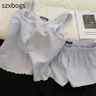 Bộ đồ ngủ sọc SZXBOGS, Váy ngủ không tay ren một ngực, Bộ đồ ngủ màu xanh thoải mái Đồ ngủ mùa hè dành cho nữ