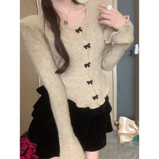  Kii Wii Áo len dệt kim dài tay nơ nữ Hàn Quốc Slim Fit không đều 241025 