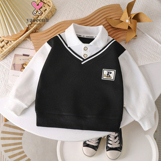 【YAOEENH】90-160cm Phong Cách Mùa Xuân Bé Trai Ve Áo POLO Áo Sơ Mi Áo Trung Lớn Trẻ Em Phù Hợp Với Thời Trang Phong Cách Anh Giả Hai Miếng Hàng Sẵn Có Vận Chuyển Nhanh