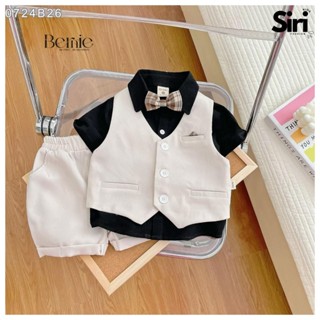 Set bộ bé trai áo sơ mi tay ngắn màu đen phối gi le rời quần short kèm nơ cổ 1- 7T Siri kids 0724B26