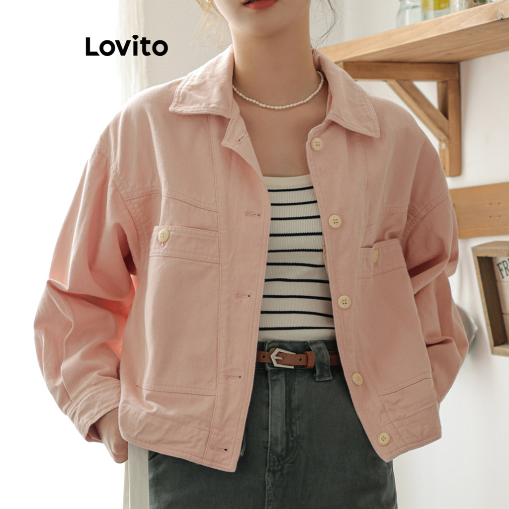 Áo khoác Lovito denim có túi cài nút màu trơn thường ngày cho nữ LNA29539 (màu hồng)